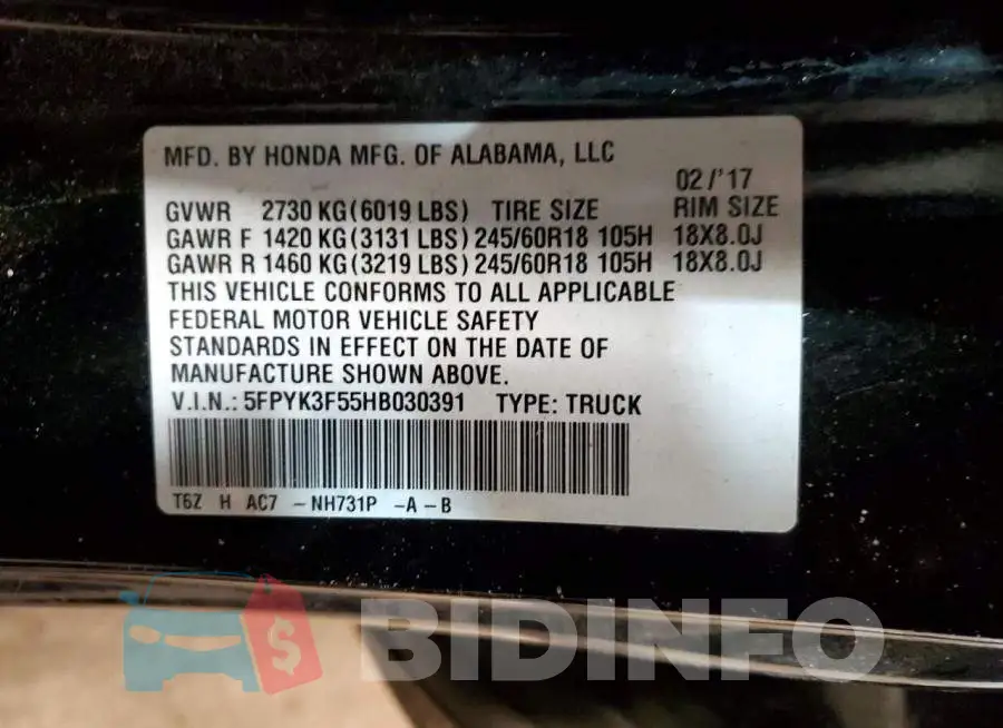 5FPYK3F55HB030391 Photo# 13