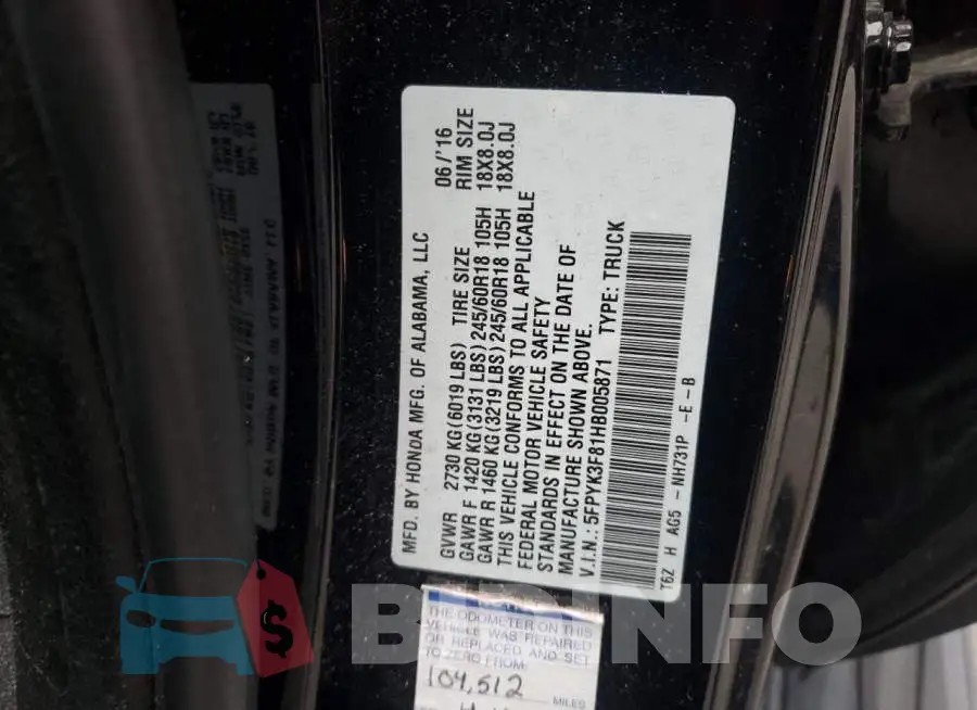 5FPYK3F81HB005871 Photo# 12