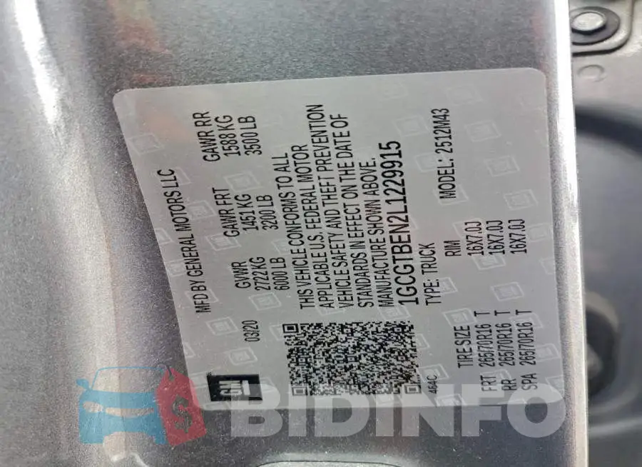 1GCGTBEN2L1229915 Photo# 12