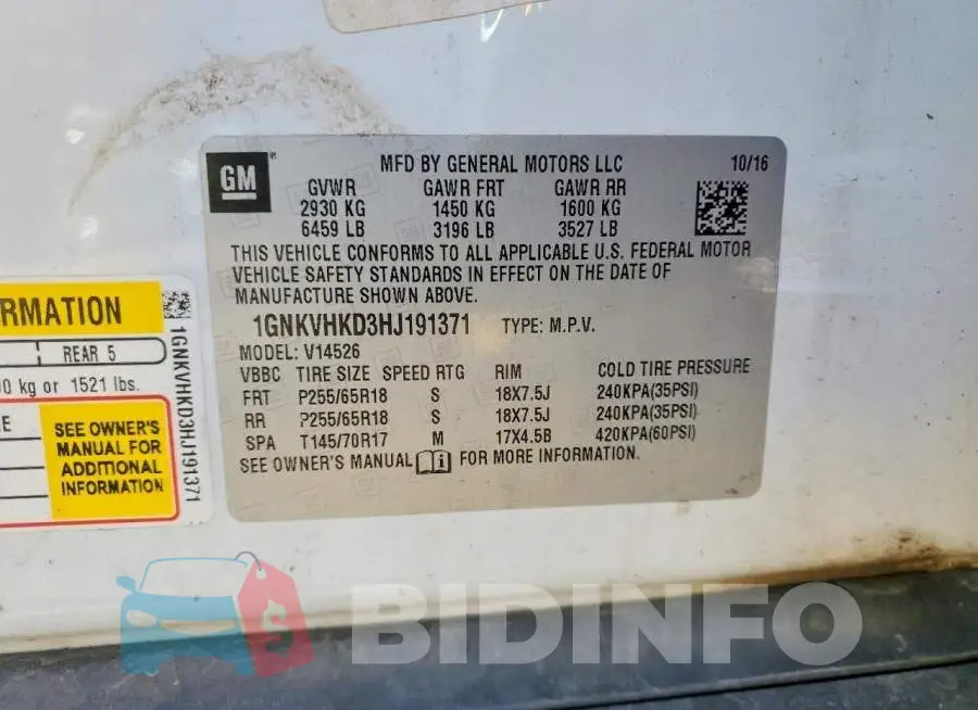 1GNKVHKD3HJ191371 Photo# 13