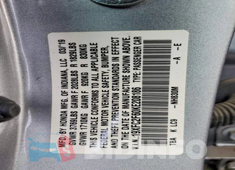 19XFC2F60KE208186 Photo# 12