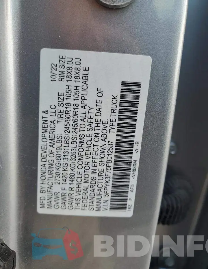 5FPYK3F75PB012537 Photo# 12