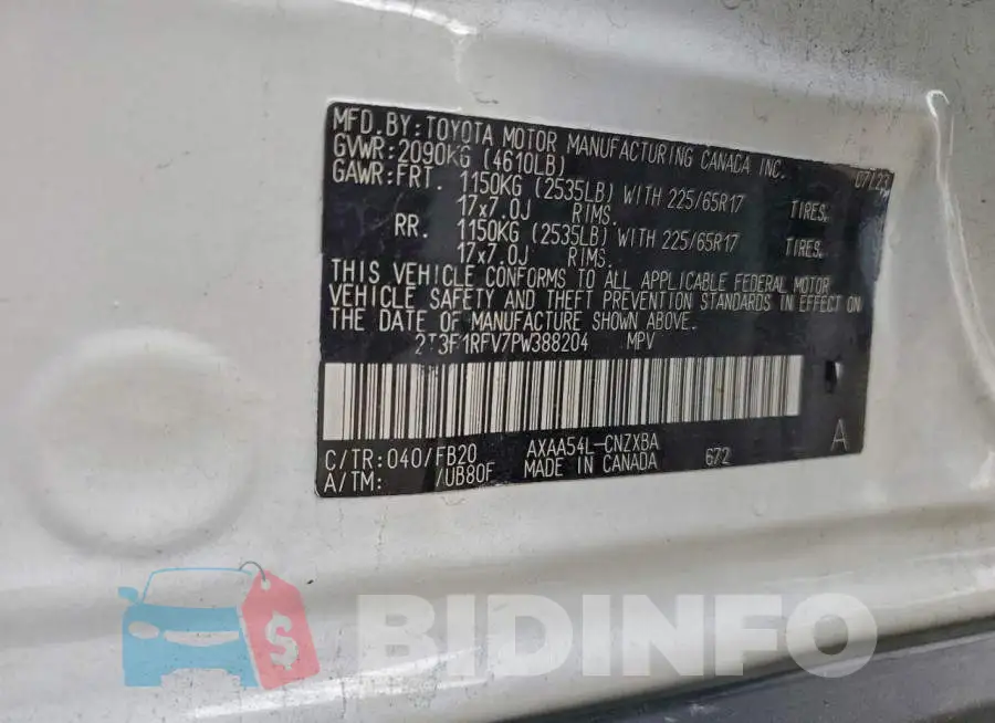 2T3F1RFV7PW388204 Photo# 13