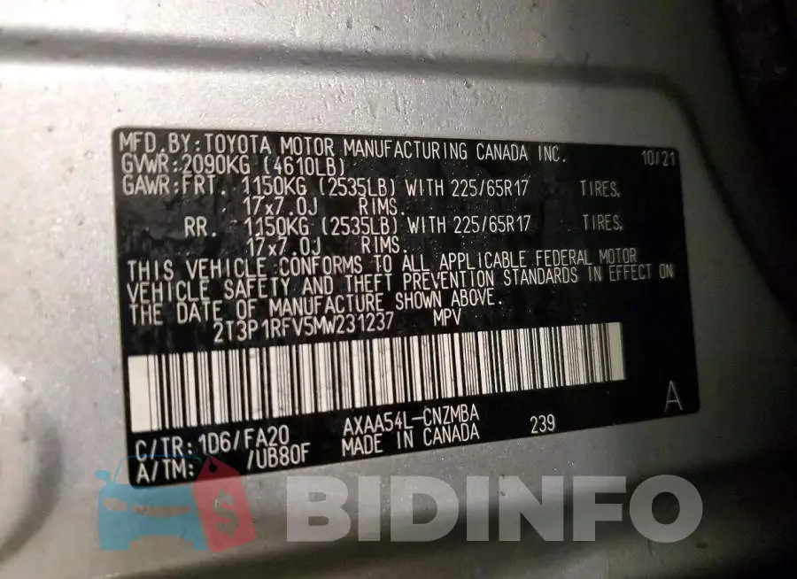 2T3P1RFV5MW231237 Photo# 13