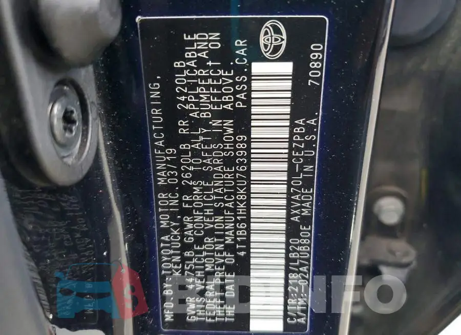4T1B61HK8KU763989 Photo# 12