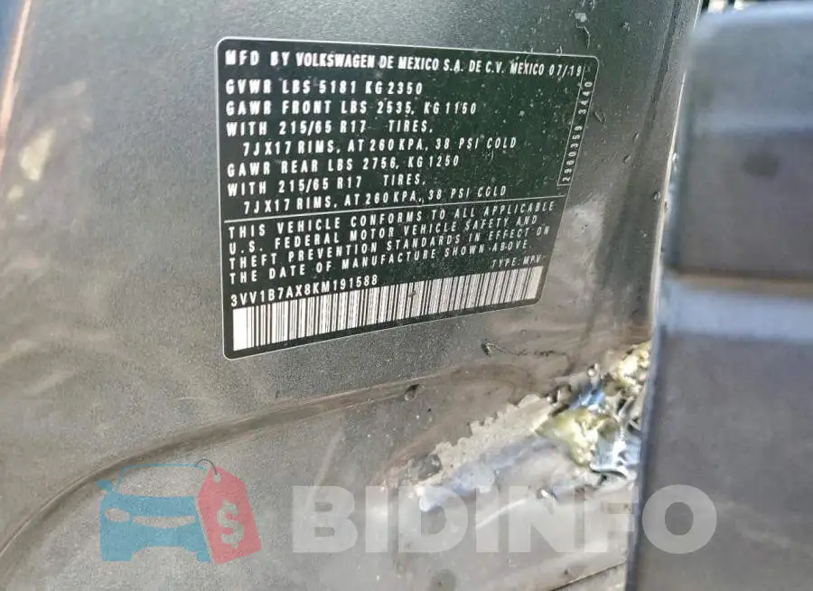 3VV1B7AX8KM191588 Photo# 13