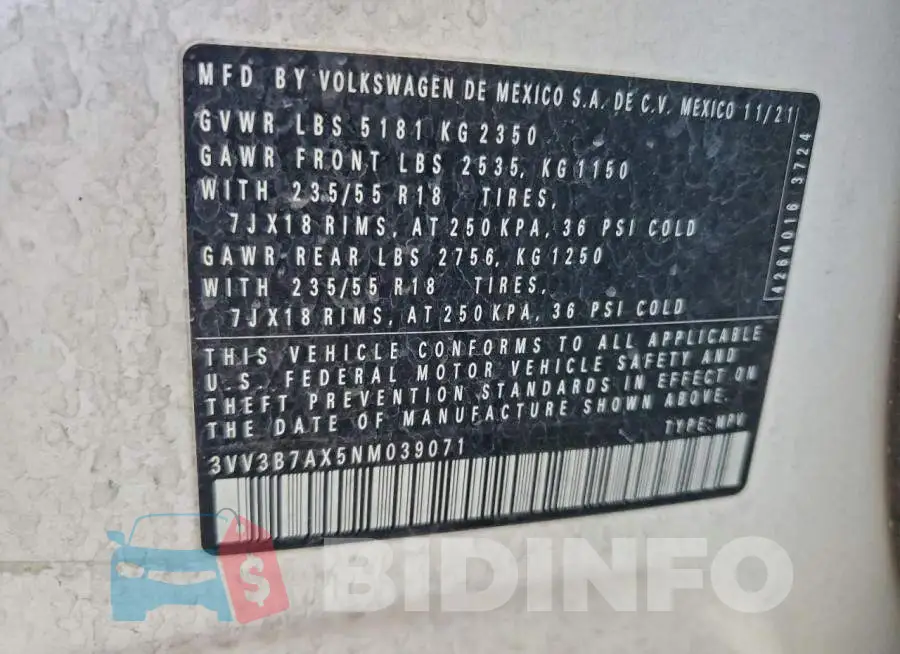 3VV3B7AX5NM039071 Photo# 13