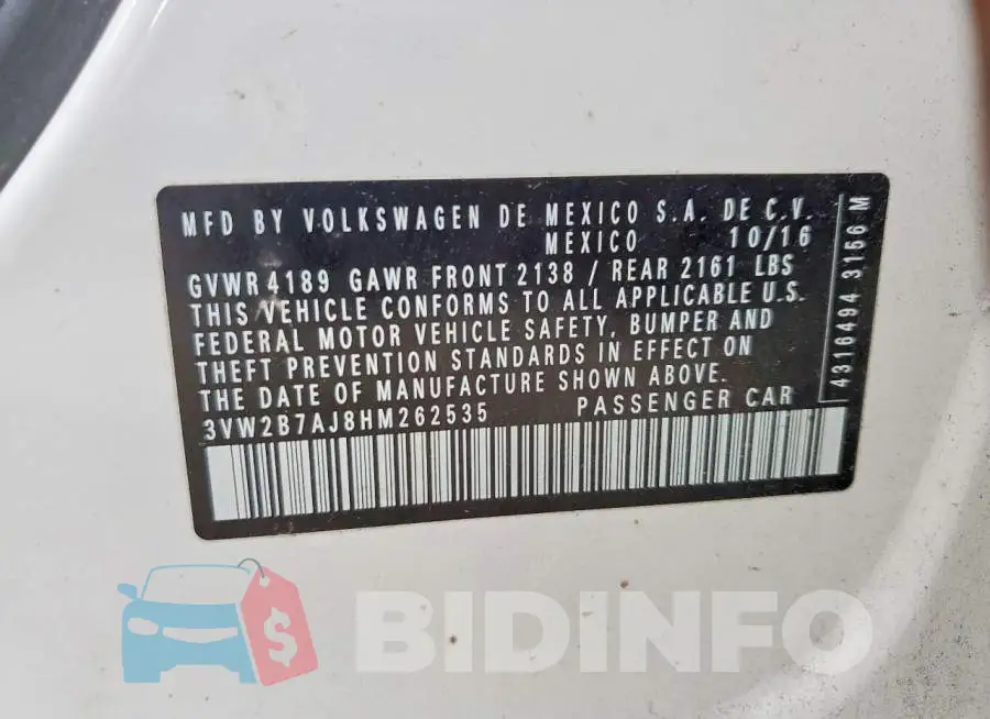3VW2B7AJ8HM262535 Photo# 12