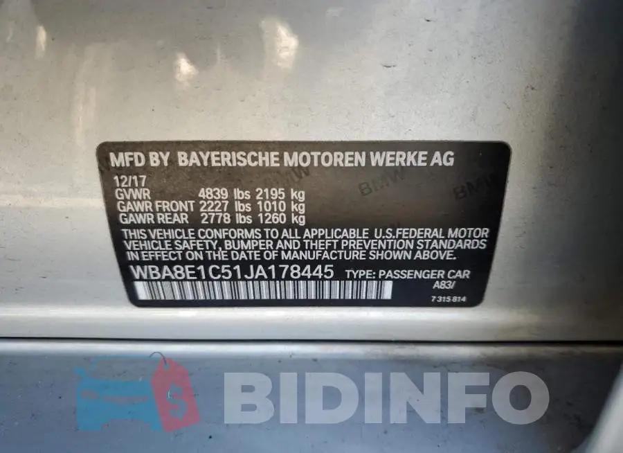 WBA8E1C51JA178445 Photo# 12