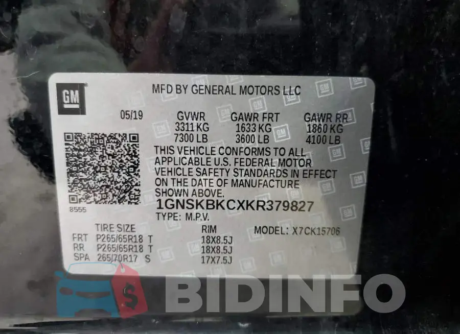1GNSKBKCXKR379827 Photo# 13