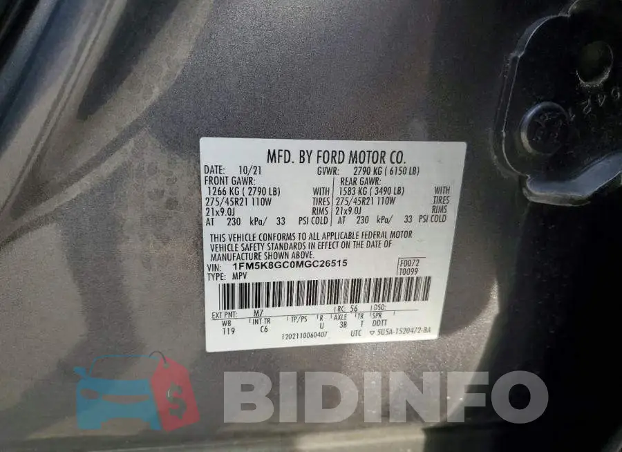 1FM5K8GC0MGC26515 Photo# 13