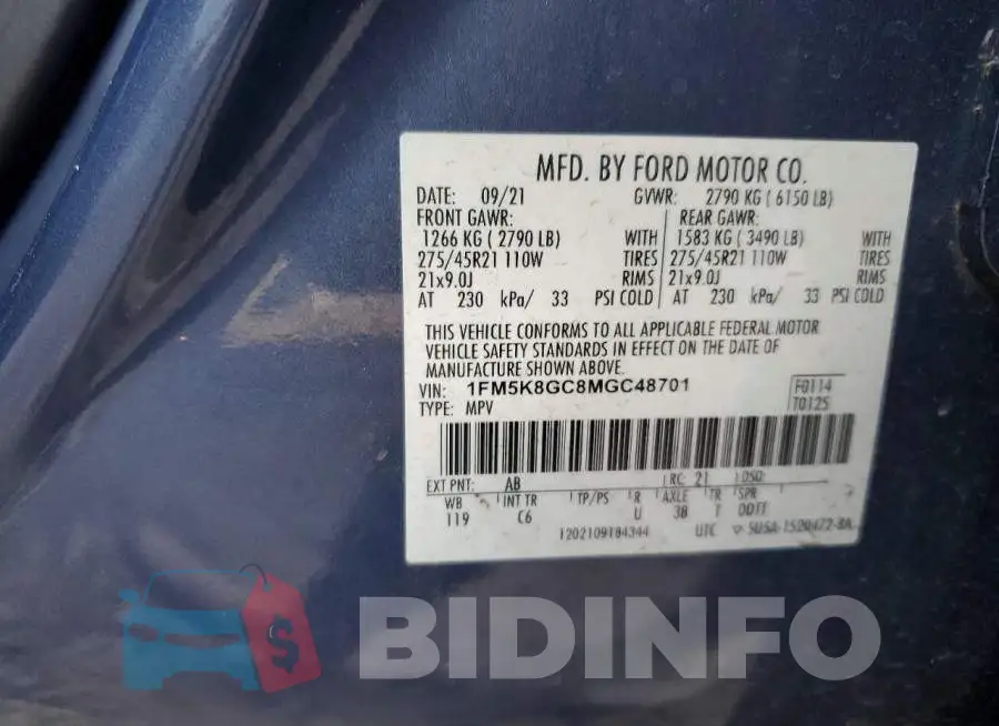 1FM5K8GC8MGC48701 Photo# 14