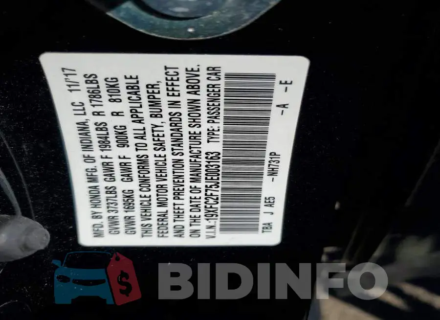19XFC2F75JE003163 Photo# 12