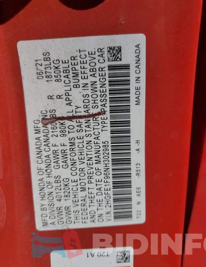 2HGFE1F96NH302985 Photo# 13