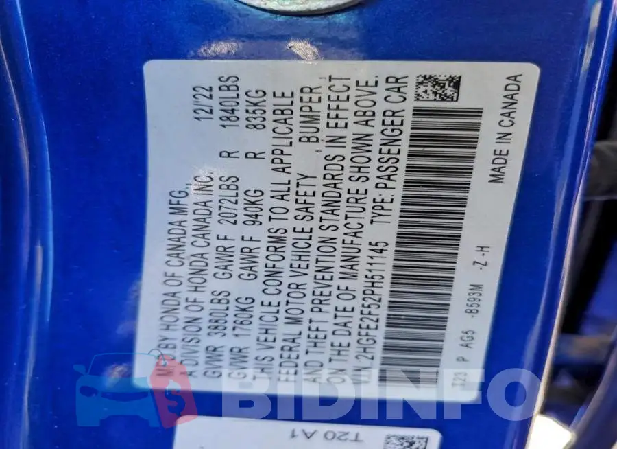 2HGFE2F52PH511145 Photo# 12