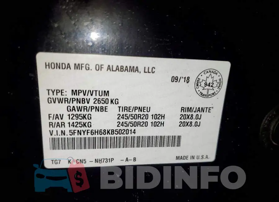 5FNYF6H68KB502014 Photo# 13