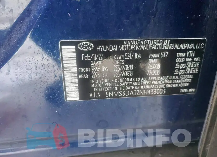5NMS3DAJ2NH433003 Photo# 14