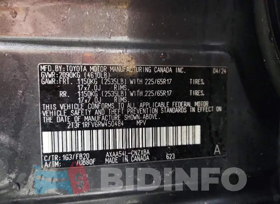2T3F1RFV6RW450484 Photo# 14