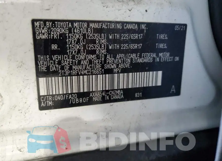 2T3P1RFV4MC216651 Photo# 13