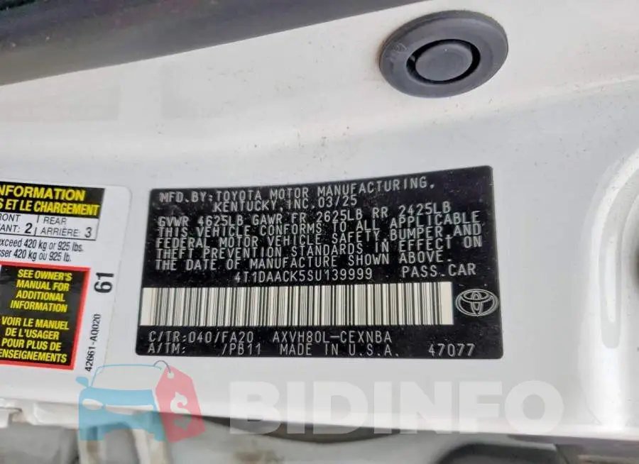 4T1DAACK5SU139999 Photo# 13