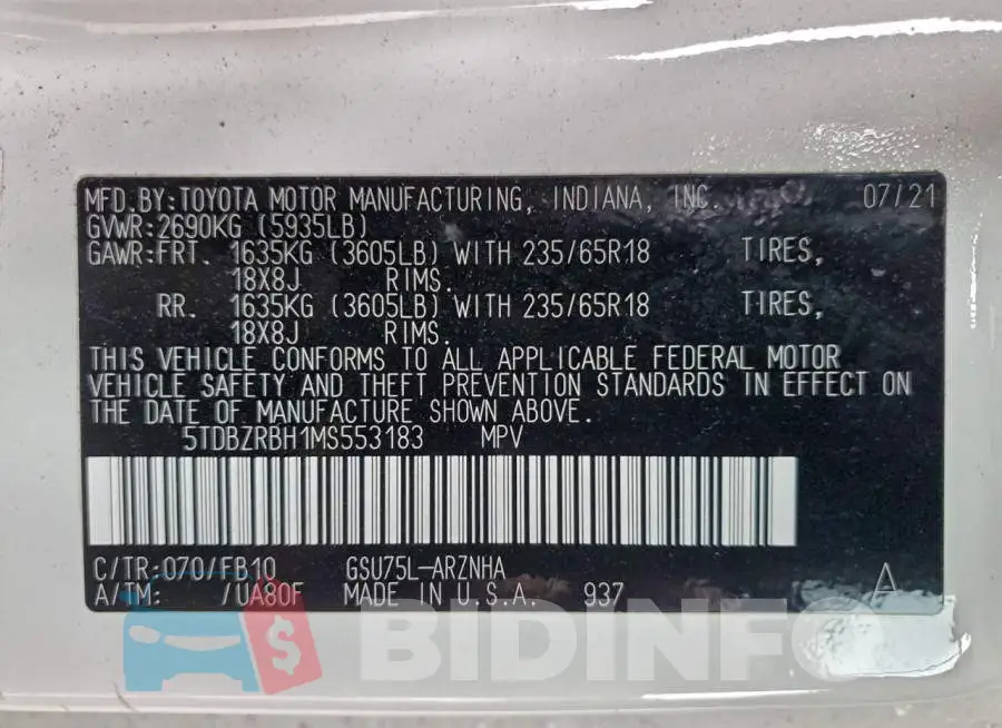5TDBZRBH1MS553183 Photo# 14