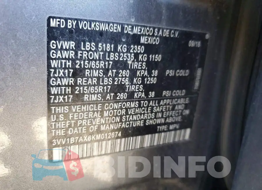 3VV1B7AX6KM012674 Photo# 13