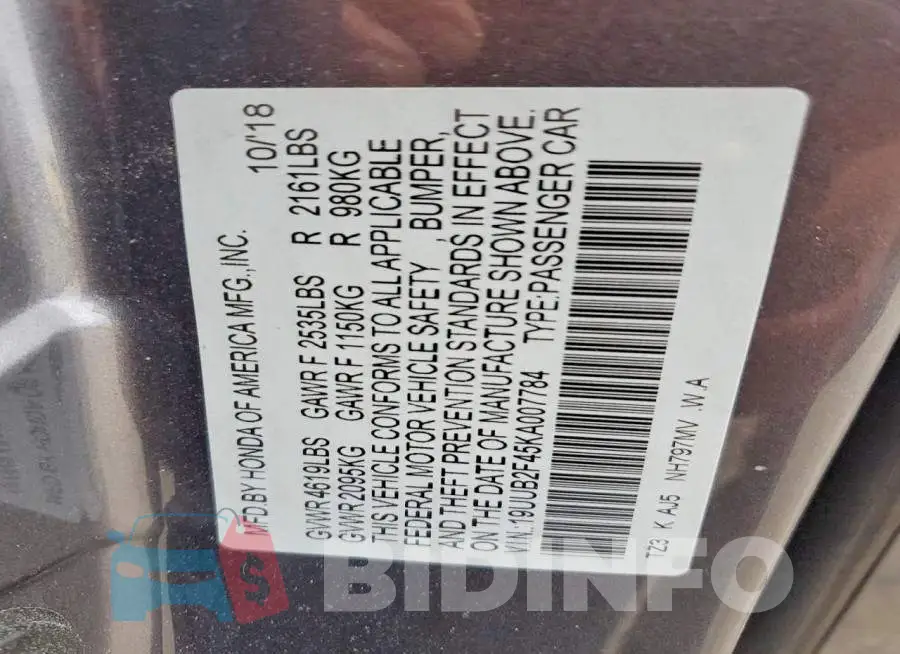 19UUB2F45KA007784 Photo# 12