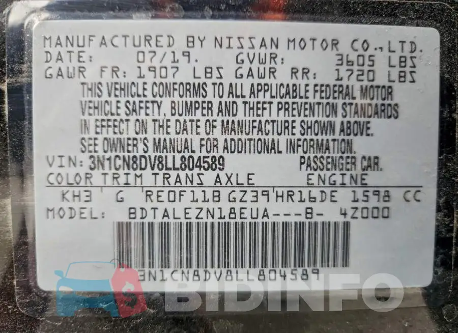 3N1CN8DV8LL804589 Photo# 12