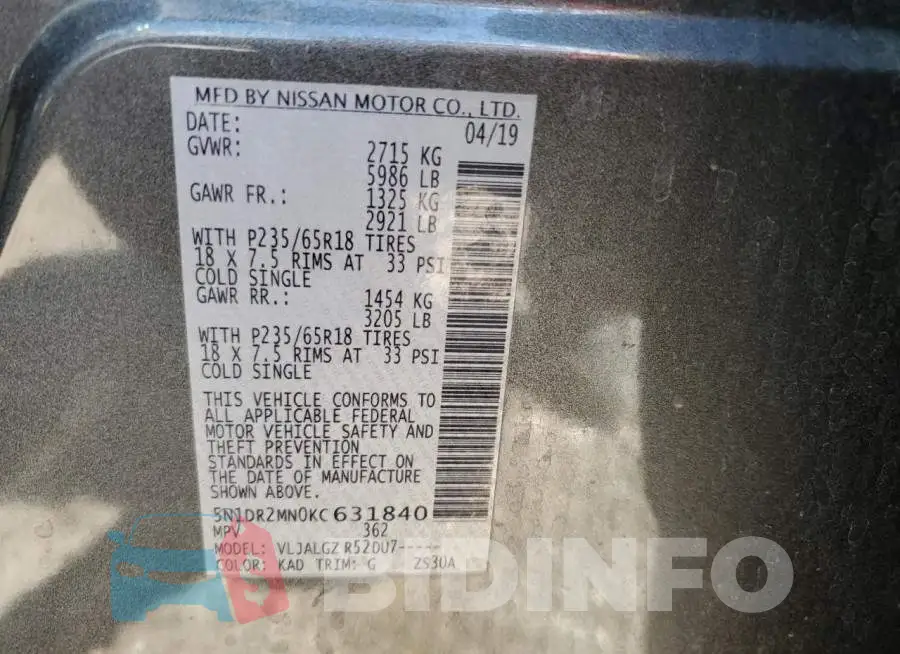5N1DR2MN0KC631840 Photo# 13