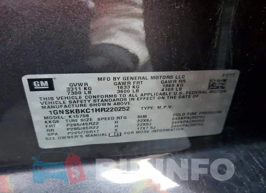 1GNSKBKC1HR220252 Photo# 12