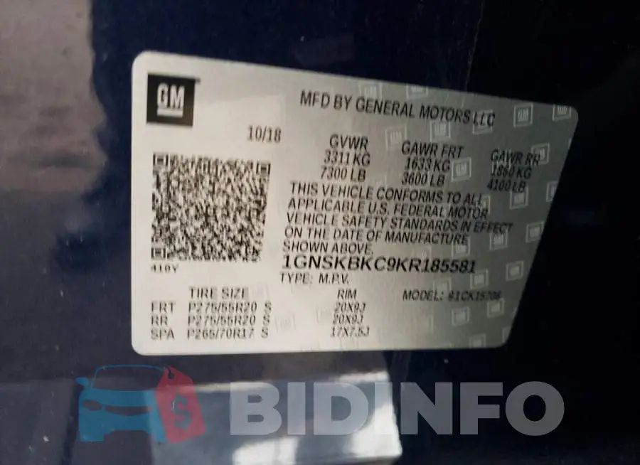 1GNSKBKC9KR185581 Photo# 14