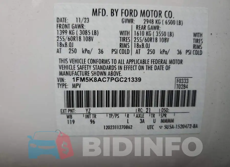 1FM5K8AC7PGC21339 Photo# 14