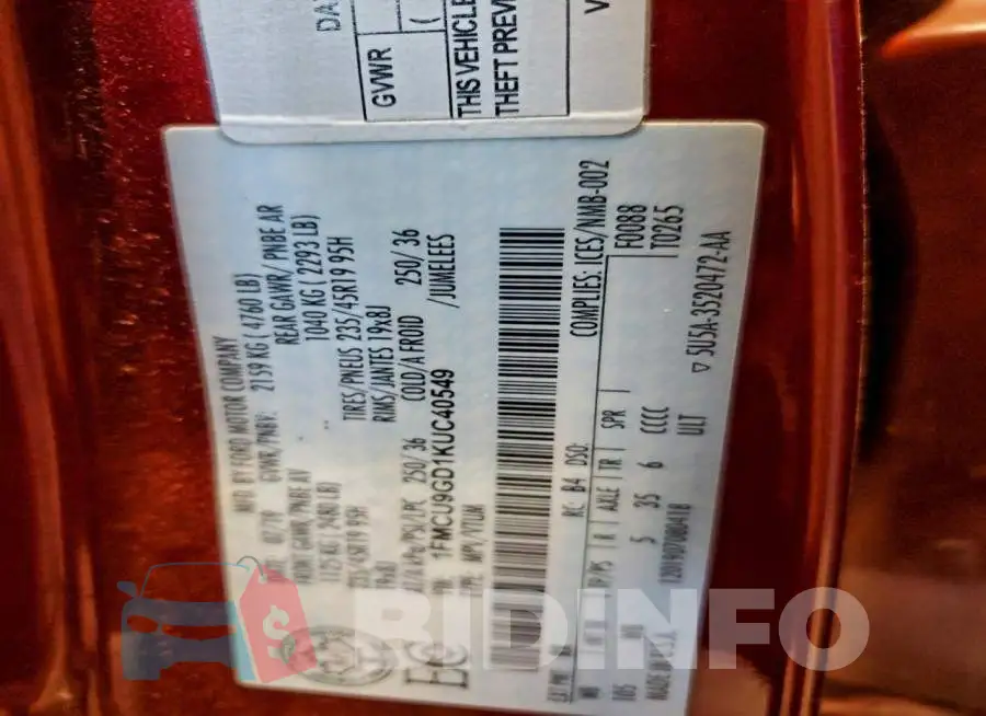 1FMCU9GD1KUC40549 Photo# 13