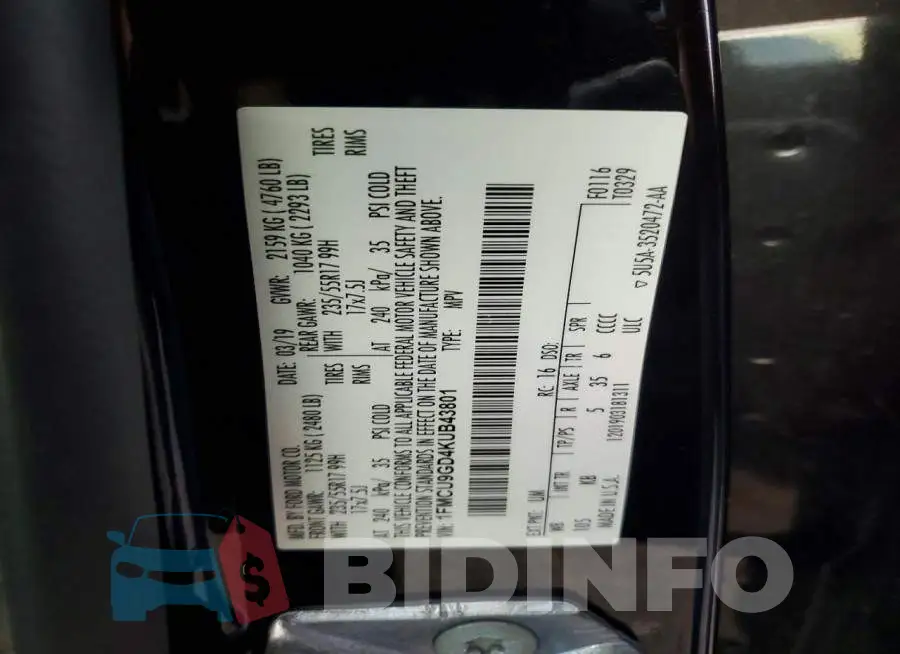 1FMCU9GD4KUB43801 Photo# 13