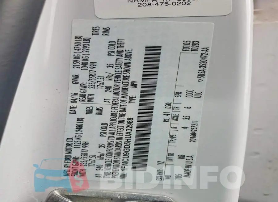 1FMCU9GD5HUA32988 Photo# 14