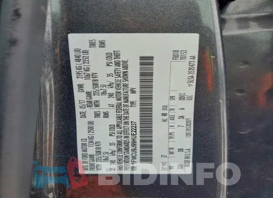 1FMCU9J99HUE22237 Photo# 14
