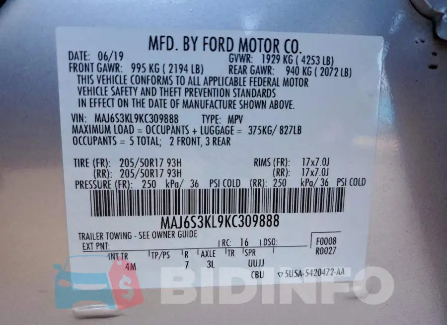 MAJ6S3KL9KC309888 Photo# 12