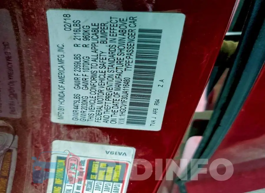 1HGCV1F30JA116480 Photo# 12