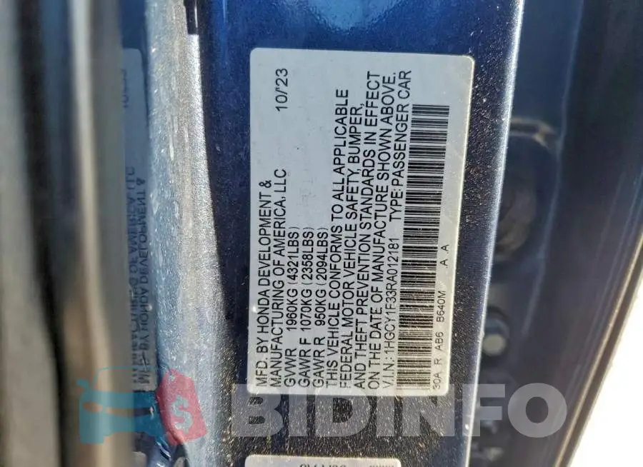 1HGCY1F33RA012181 Photo# 12