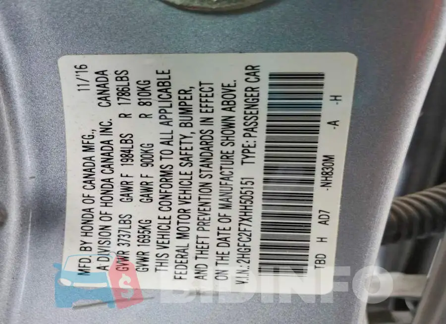 2HGFC2F7XHH505151 Photo# 12