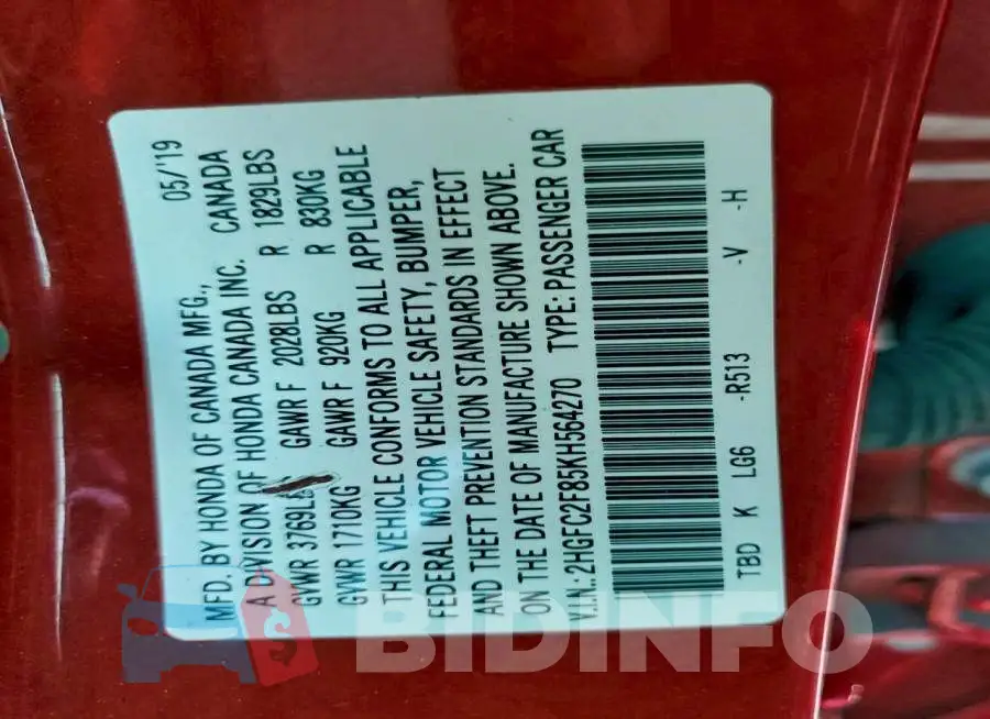 2HGFC2F85KH564270 Photo# 12