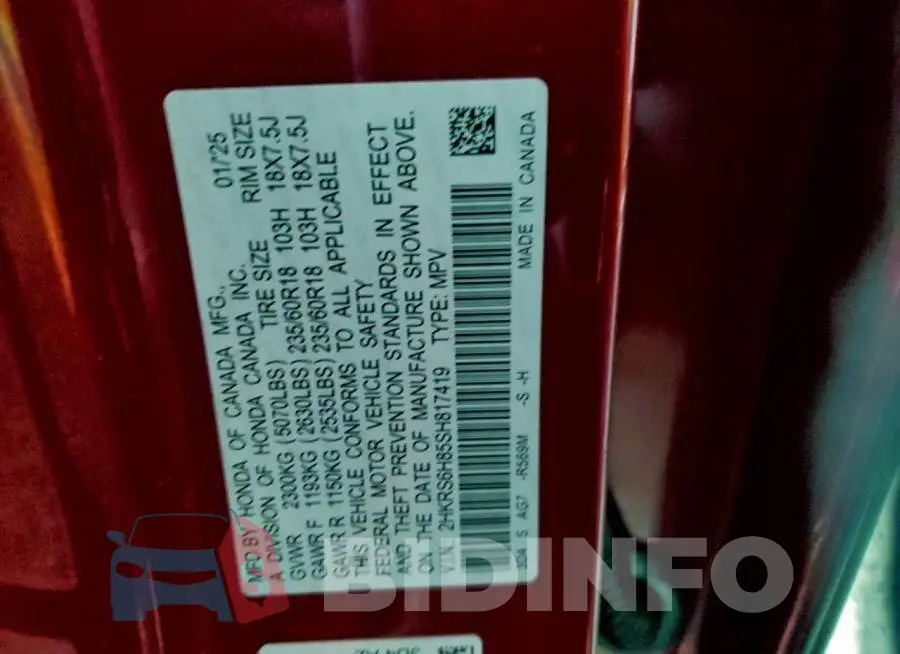 2HKRS6H85SH817419 Photo# 12