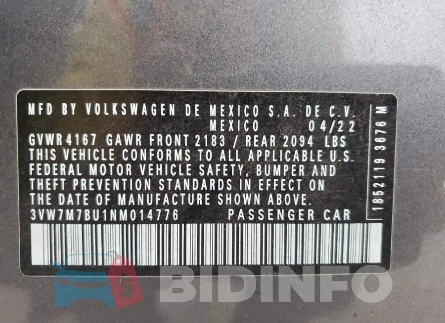 3VW7M7BU1NM014776 Photo# 12