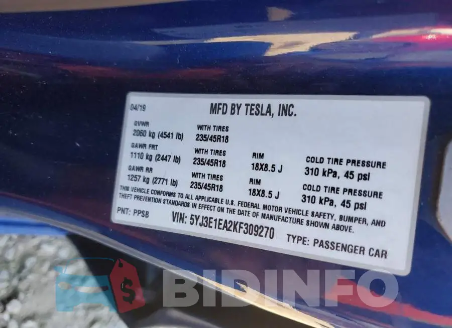 5YJ3E1EA2KF309270 Photo# 13