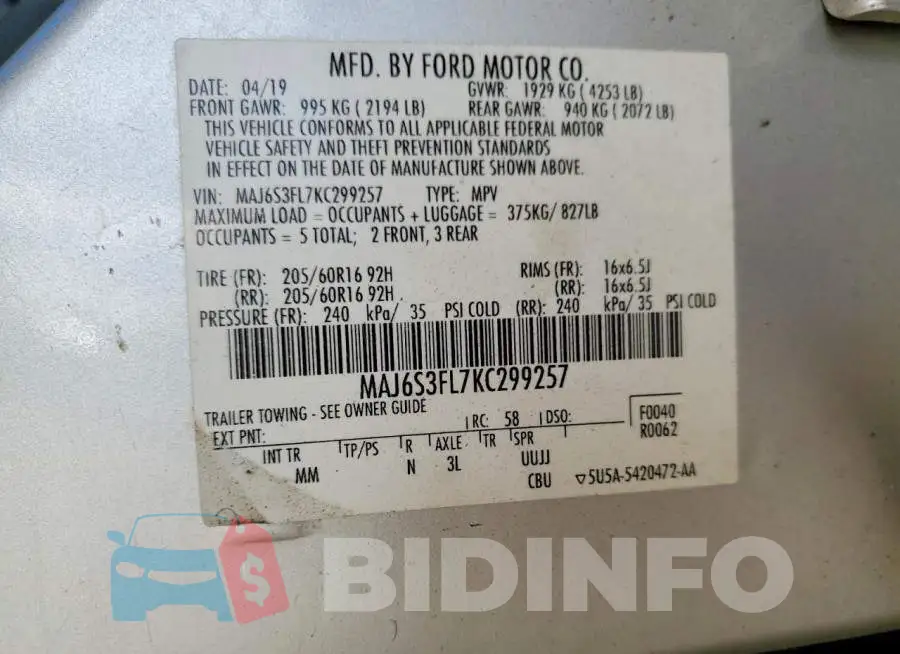 MAJ6S3FL7KC299257 Photo# 13