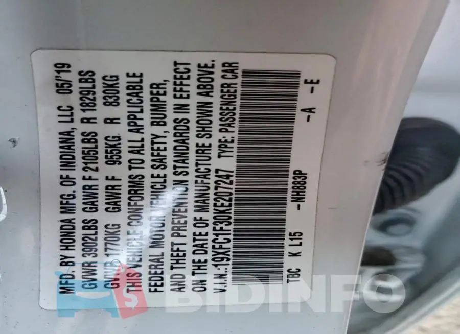 19XFC1F30KE207247 Photo# 13