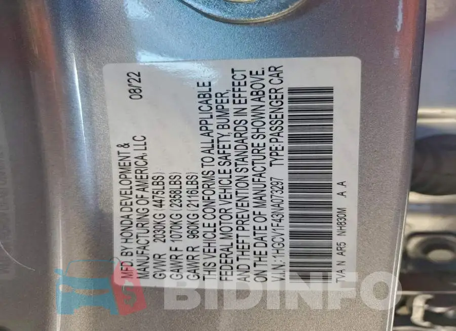 1HGCV1F43NA073297 Photo# 12