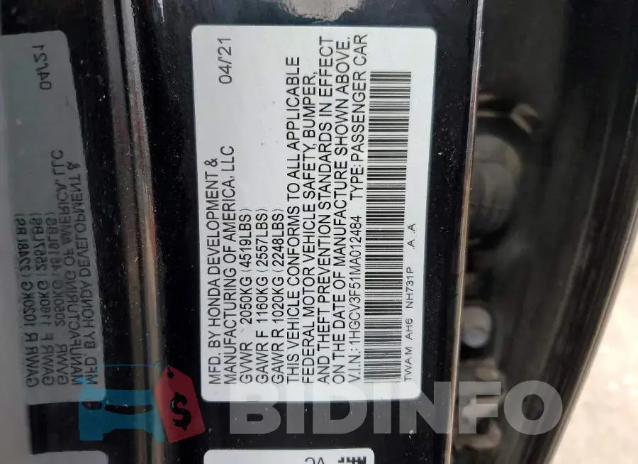 1HGCV3F51MA012484 Photo# 12