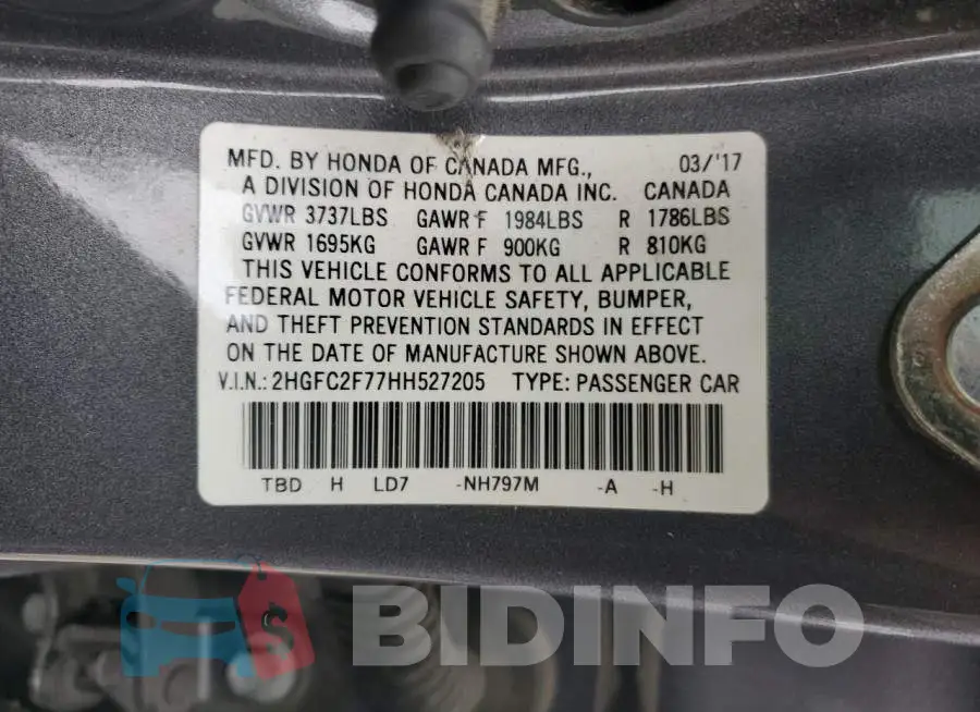 2HGFC2F77HH527205 Photo# 13