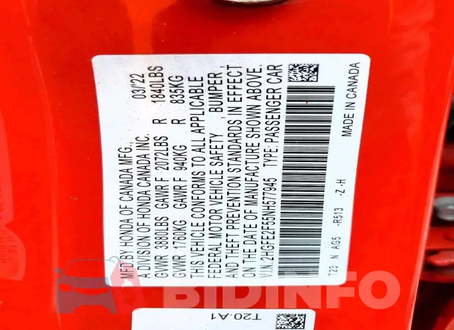 2HGFE2F55NH577945 Photo# 12